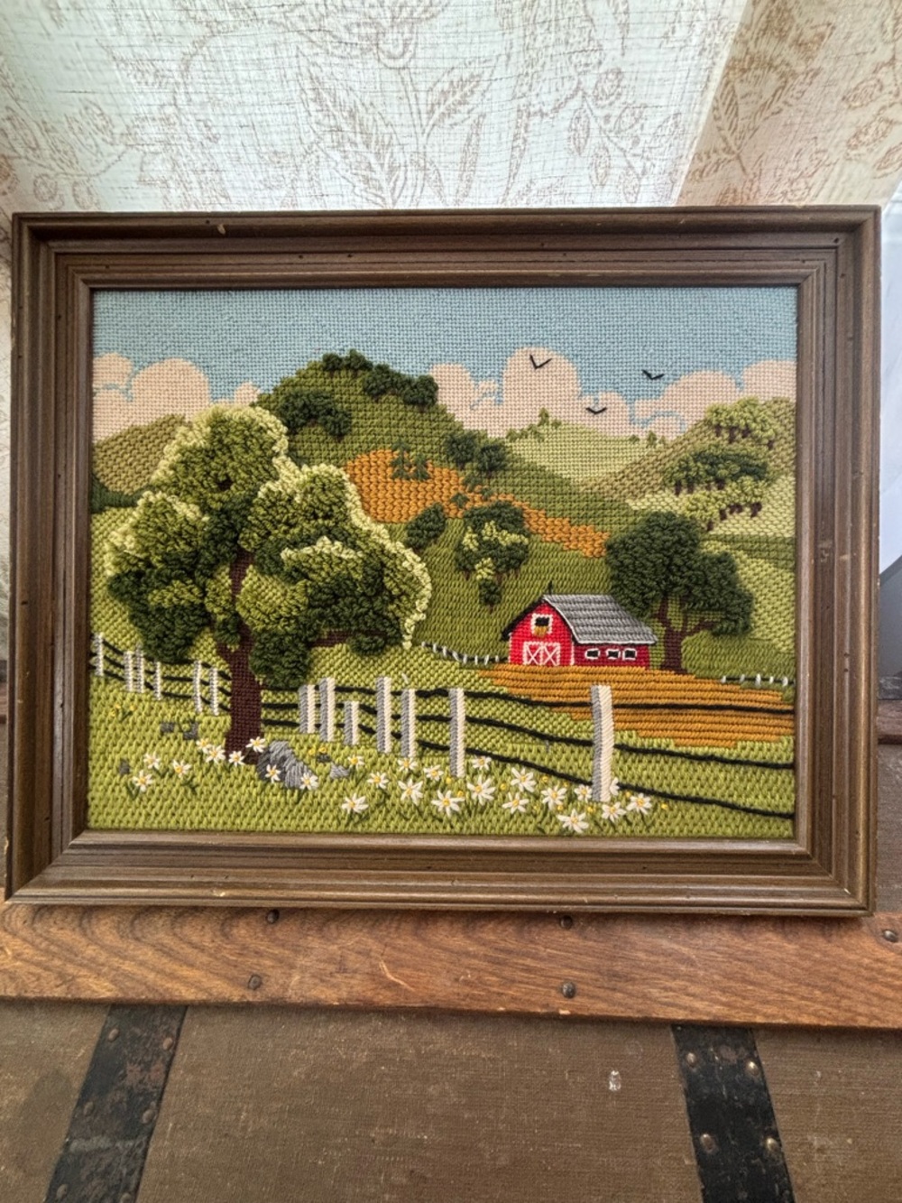 Vintage Framed Farm Landscape Needlepoint Wall Art - Red Barn